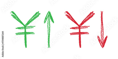 Hand drawn yen currency symbol Growth and fall profit with arrow up and down Brush stroke doodle Element for design