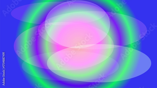 Abstract background with overlapping translucent ovals and circles in vibrant pink, green, and blue hues