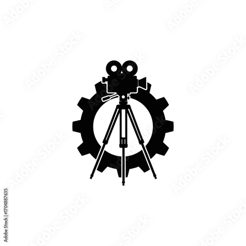 Silhouette of a film camera on a tripod, encircled by a gear, representing the intersection of technology and filmmaking.