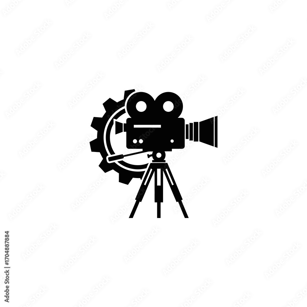 Obraz premium Classic black silhouette of a vintage film camera on a tripod with a large gear behind it, symbolizing filmmaking and production.