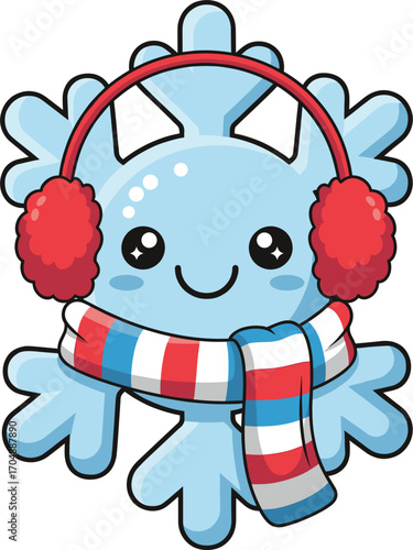 Cute cartoon snowflake character wearing earmuffs and a scarf