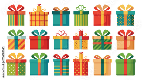 Christmas gift box set, New Year presents, gift boxes, vector illustration on transparent background