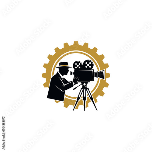Silhouette of a filmmaker operating a vintage film camera, gear backdrop.