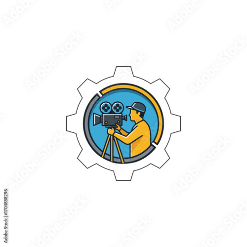 A cartoon logo of a cameraman operating a vintage movie camera on a tripod, framed within a circular emblem and an outer gear.