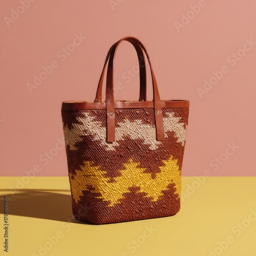 Brown tote bag with yellow and beige patterns