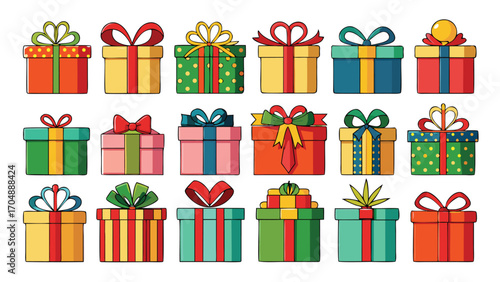 Christmas gift box set, New Year presents, gift boxes, vector illustration on transparent background