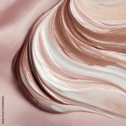 Creamy makeup textures in swirls on blush backdrop