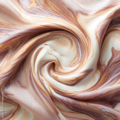Swirling, marbled fabric.  Cream, beige, and brown colors create a dynamic pattern