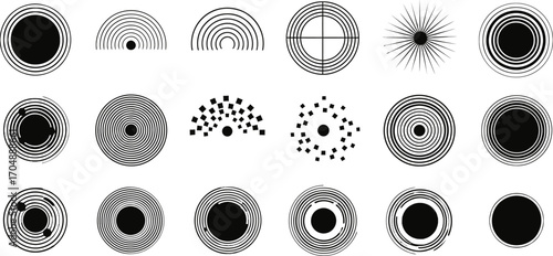 Abstract geometric patterns and circular designs in monochrome, showcasing symmetry and repetition