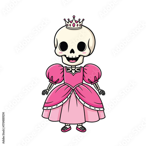 Charming cartoon illustration of a little skeleton princess in a beautiful pink gown and a shiny crown, perfect for Halloween or fantasy themes