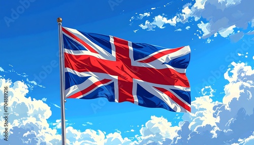 Union Jack Flag Waving in Blue Sky.