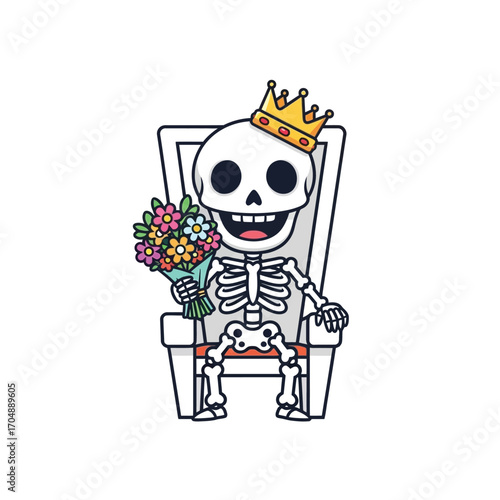 Charming cartoon illustration of a happy skeleton king with a crown, sitting on a throne and holding a colorful bouquet of flowers