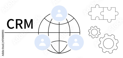 CRM text, globe with user icons for worldwide network, puzzle pieces for integration, gears for process optimization. Ideal for customer management, teamwork, workflow, business strategy, problem