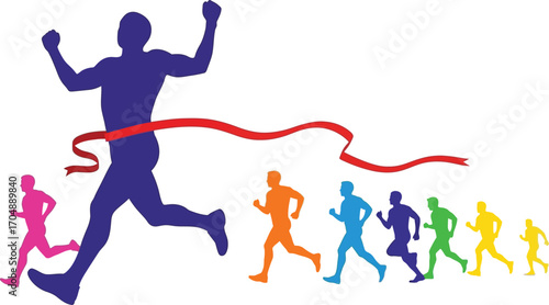 Athletic runner celebrates victory crossing the finish line ahead of competitors