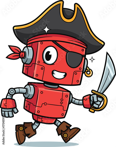 Cute red robot dressed as a pirate holding a sword