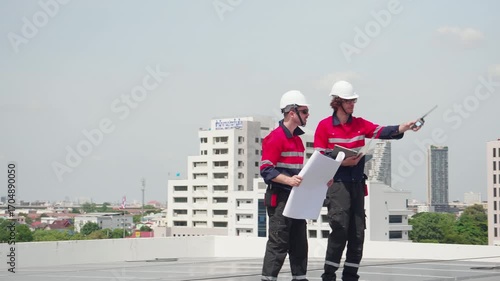 Two engineer checking solar energy system looking blueprint together for planning installation solar panel, renewable energy and sustainable technology, clean electricity, industry and solar cell.