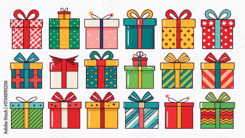 Christmas gift box set, New Year presents, gift boxes, vector illustration on transparent background