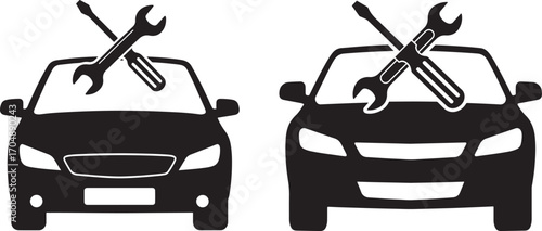 Two car silhouettes with crossed wrench and screwdriver tools