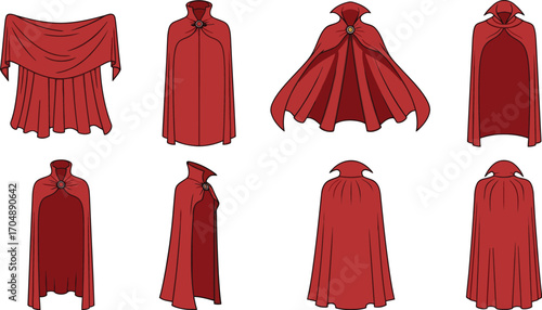 Collection of dramatic red capes and cloaks shown from various angles