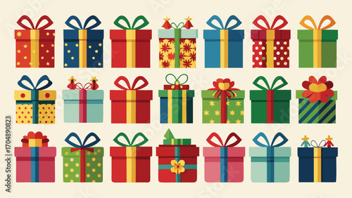 Christmas gift box set, New Year presents, gift boxes, vector illustration on transparent background