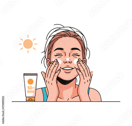 A girl puts sunscreen on her face. It's all about sun protection for staying safe in the summer. Taking care of your skin helps avoid health issues. Flat vector illustration