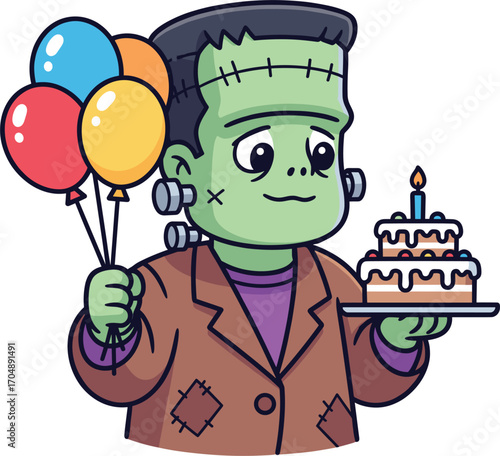 Cute frankenstein monster holding balloons and birthday cake