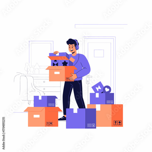 Young man at home, wearing headphones, organizing and unpacking numerous boxes.