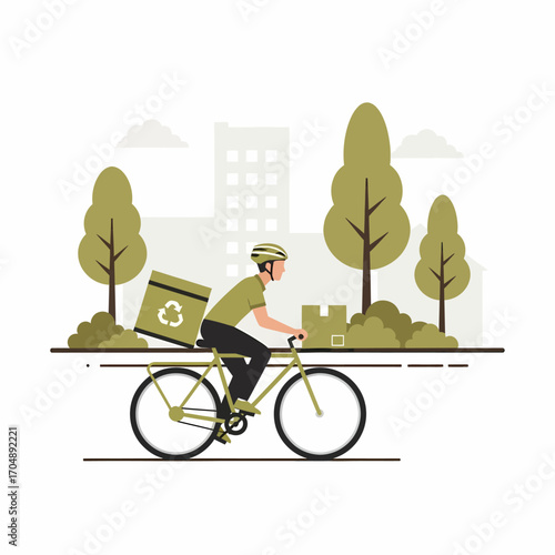 A delivery person on a bicycle, carrying a recycled box, rides through a city park.