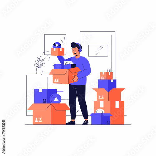 Man unpacking boxes, online order fulfillment, home delivery, customer service.