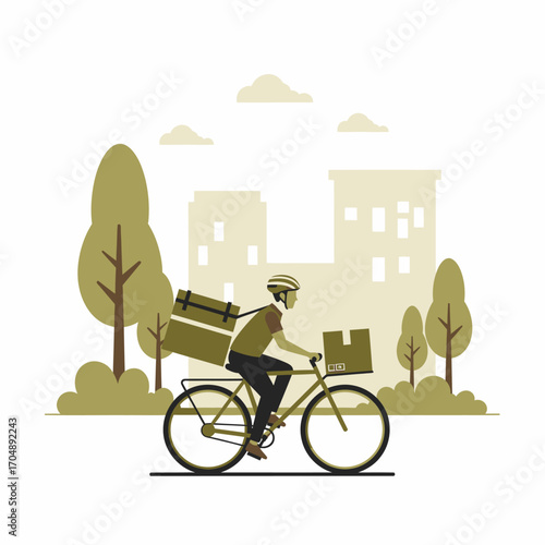 A delivery person on a bicycle, carrying packages, rides through a city park.
