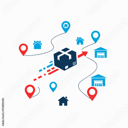A graphic representation of package delivery routes, showing destinations and locations.