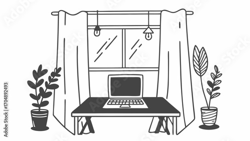 Illustration of a desk with laptop in front of window with curtains and potted plants on each side on transparent background silhouette