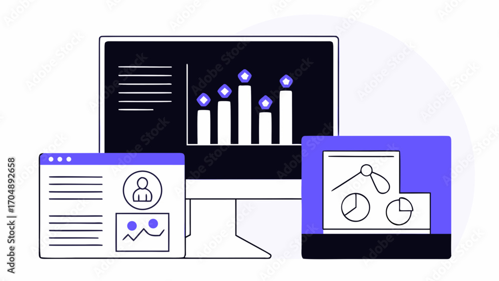 Obraz premium Illustration of a computer screen displaying a bar graph with two smaller windows open showing data on transparent background silhouette