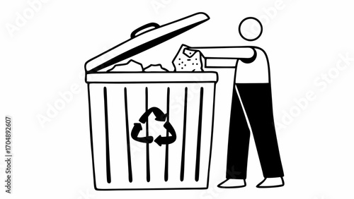 Person throwing trash into a recycling bin with an open lid and a recycle symbol on the front side on transparent background silhouette