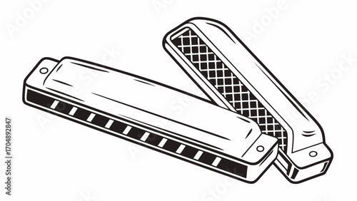 Two harmonicas in black and white with one showing a grid pattern and the other showing holes is present on transparent background silhouette