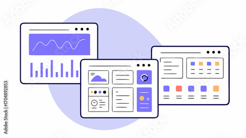 Three application windows displaying data charts and graphs on a light purple background hue set up on transparent background silhouette