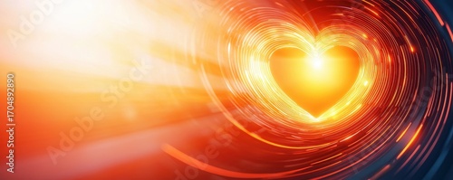 A vibrant heart-shaped light surrounded by swirling colors, symbolizing love and energy in a dynamic, abstract design.