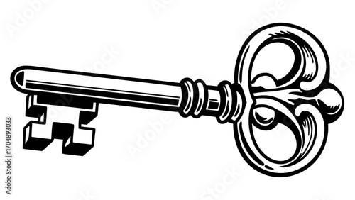 Illustration of an ornate key with a detailed head and a complex bit in black and white style on transparent background silhouette