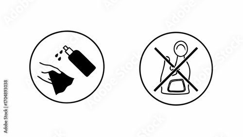 Cleaning instructions and prohibition sign with bottle and hand in black and white design style on transparent background silhouette