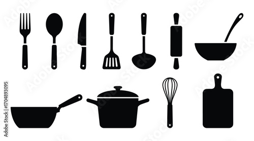 Collection of black kitchen utensil silhouettes on white background fork spoon