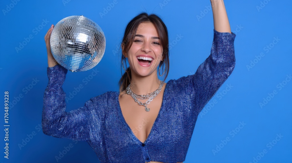 Naklejka premium Trendy woman holding a reflective disco ball, exuding excitement in front of a vibrant blue backdrop. 