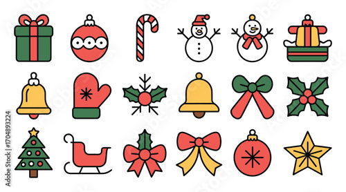Collection of flat Christmas icons in red green and yellow with black outlines gift present