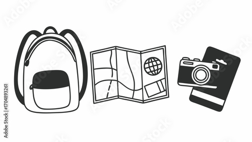 Illustration of a backpack, map, camera and passport ready for an exciting travel adventure trip on transparent background silhouette