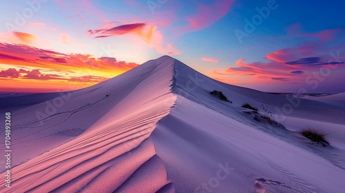 A striking desert-like landscape of the white sand dunes in Mui Ne at sunset