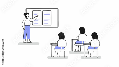 Illustration of a teacher giving a lesson to students in a classroom with a whiteboard in the background on transparent background silhouette