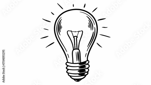 Illustration of a lightbulb with a filament inside and radiating light with short lines around it on transparent background silhouette