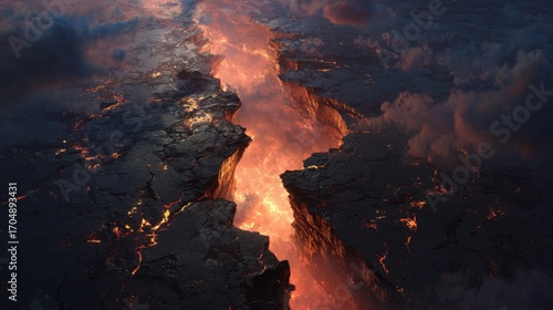 Molten Earth: A breathtaking panorama of a volcanic fissure erupting with glowing lava against a dramatic sky, capturing raw power and the planet's fiery heart.