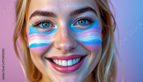 Smiling girl with transgender pride face paint on her cheeks, representing gender identity and positivity.