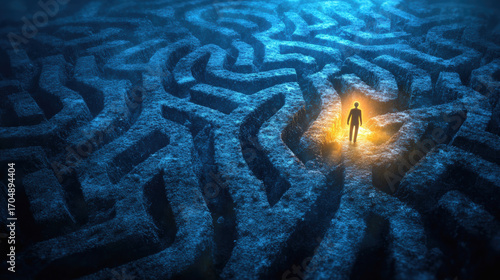 Person standing at maze entrance glowing light blue labyrinth decision challenge mystery hope path solitude night