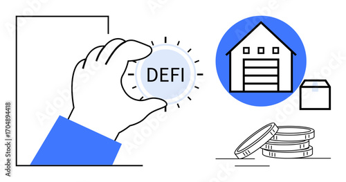 Hand holding DeFi coin, stack of coins, storage building, and a box. Ideal for finance, blockchain, decentralization, digital assets cryptocurrency investments fintech. Simple flat metaphor